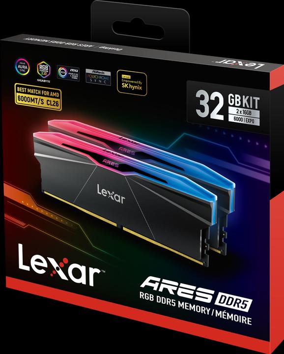 Actual product image Lexar Kit Barrettes mémoire 32Go (2x16Go) DIMM DDR5 Ares RGB 6000MHz (Noir) (2 x 16GB, 6000 MHz, DDR5 RAM, U-DIMM)