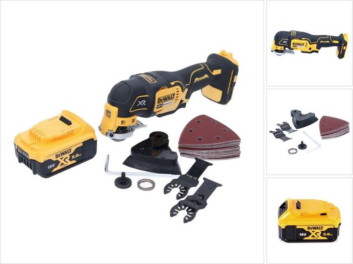 1x lama per legno da 31 x 43 mm, 1x Lama da 31 x 43 mm per legno con chiodi, 1x piastra di levigatura, 1x Oscillatore a batteria DeWalt DCS 355, 25x carta vetrata ( K60, K120, K240 )