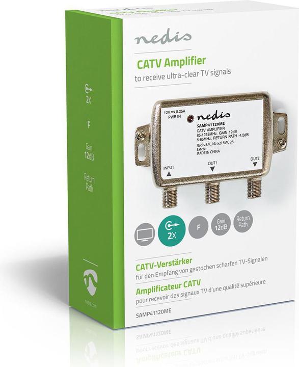 Image du produit Nedis SAMP41120ME Amplificateur CATV Gain : 12 dB 85-1218 MHz Nombre de sorties : 2 voie de retour Silb (Bloc d'alimentation)