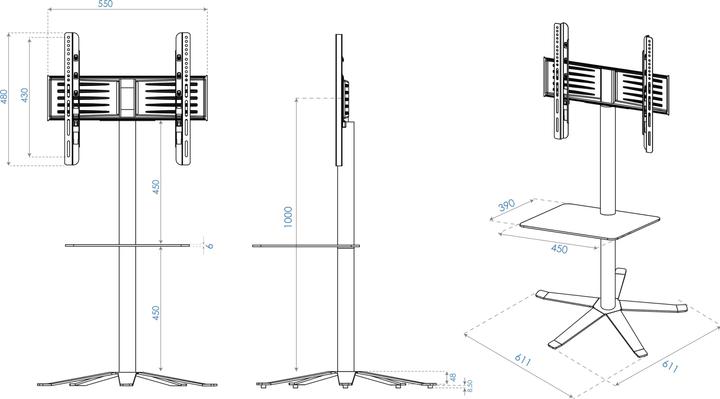Image du produit VCM Pied TV Alu Xila avec étagère intermédiaire en verre (61 x 61 x 100 cm)