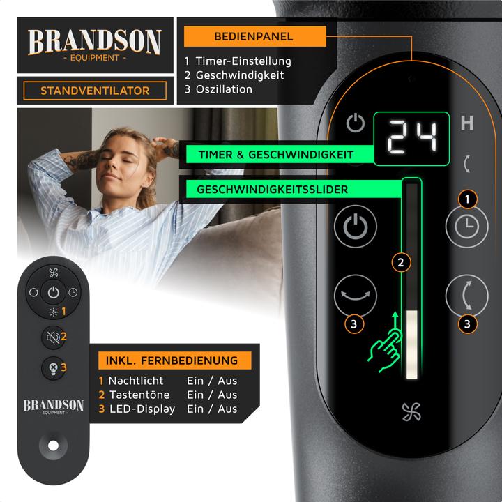Actual product image Brandson Standventilator, Fernbedienung, leise, DC, 3D Oszillation, 21.5 cm Ø, Nachtlicht, Timer, 24 Stufen (57 dB)