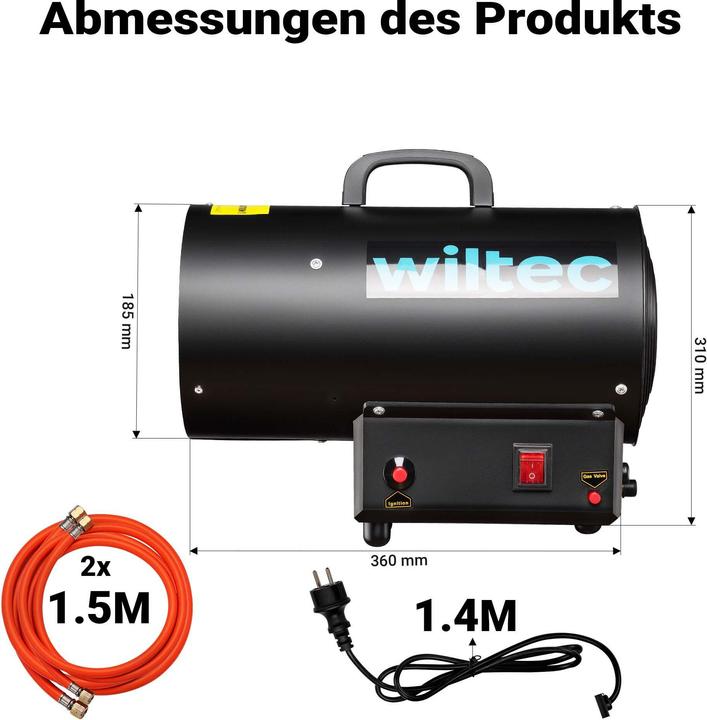 Produktbild Wiltec Gasheizgebläse 15kW Heizkanone 30W Gasdruckminderer Spanien 700mbar (15000 W)