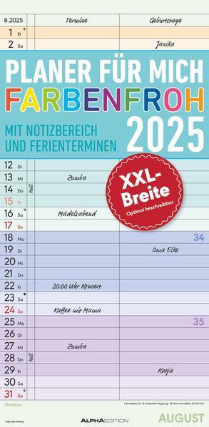 Produktbild Alpha Edition Planer für mich XL 2025 Familienplaner, 22x45cm, Familienkalender mit 2 Spalten für (22 x 45 cm, Harter Einband, Deutsch)