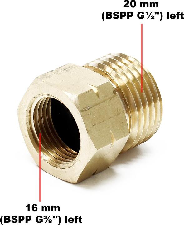 Actual product image Wiltec Reducer adapter with 20mm BSPP 1/2" ET left to 16mm BSPP 3/8" IT left, for gas hose