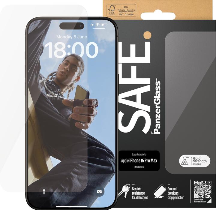 Actual product image PanzerGlass SAFE. Screen Protector iPhone 2023 6.7 Pro Max Ultra-Wide Fit (1 Piece, Apple iPhone 15 Pro Max)