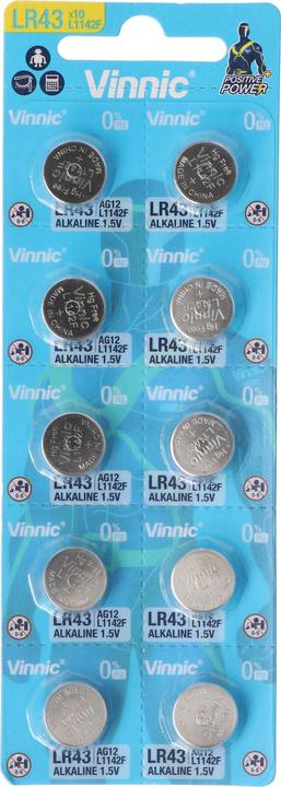 Vinnic Set of 10 LR43, VA12GA, 186, 84, LR1142, G12, AG12, L1142, RW84, D186 (10 pcs., LR43, 80 mAh)