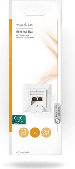 Actual product image Nedis Network wall outlet | Flush-mounted | 2-Port port(s) | CAT6 | Straight | Socket | Gold-plated | PVC