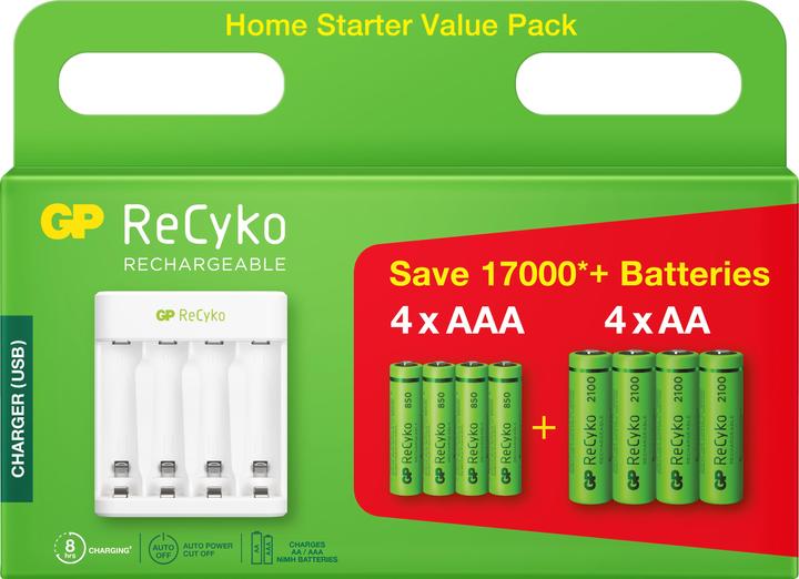 Produktbild GP Batteries ReCyko E111 4-Port USB Ladeg. + 4xAA 2100mAH + 4x AAA 800mAh (8 Stk., AAA, AA, 2100 mAh, Akku)
