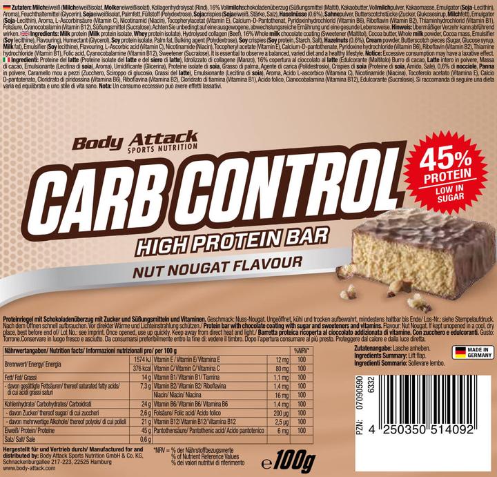 Immagine prodotto Body Attack Carb Control (15 barrette da 100 g) (Dado Crema Torrone, 15 pz., 1500 g)