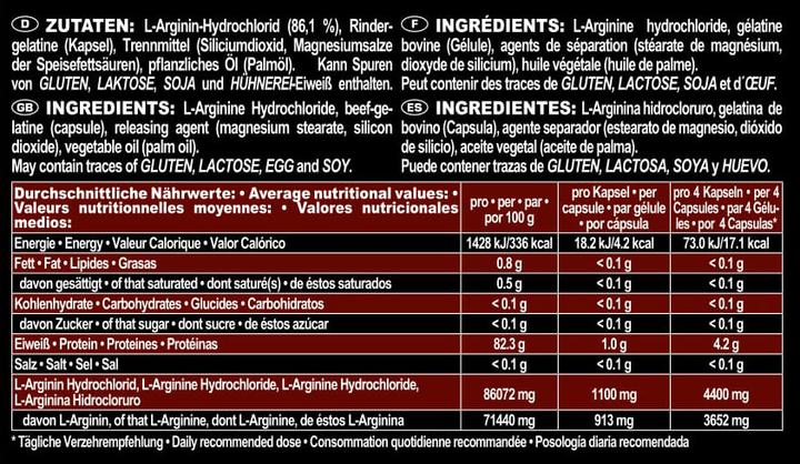Nährwerte und Zutaten IronMaxx Arginin Simplex 1200 (260 Stück, Kapseln, 1200 g)