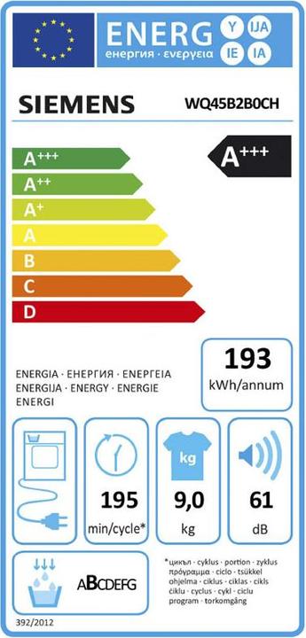 Etichetta energetica Siemens WQ45B2B0CH (9 kg, A destra, Spina CH)