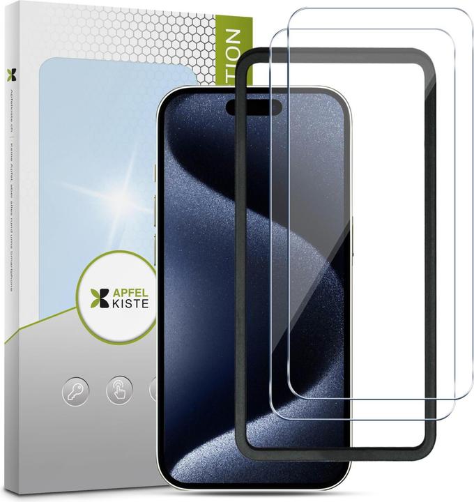 Image du produit Apfelkiste - Panzer Glas Displayschutzfolie mit Montagerahmen (2er Set) (2 pièce(s), Apple iPhone 15 Pro)