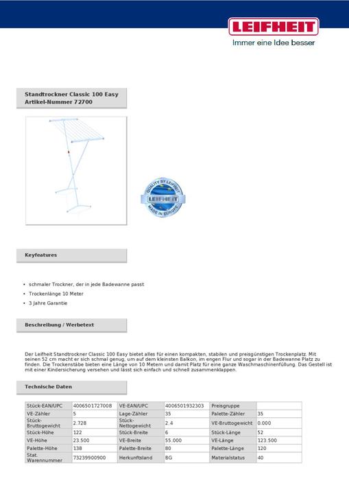 Produktbild Leifheit Standtrockner Classic 100 Easy (10 m)