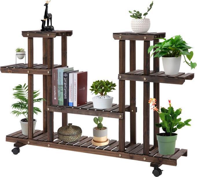 Swisshandel24 Plant shelf, four-tier flower shelf, flower staircase, solid wood, charred, 123.5 x 33 x 80 cm
