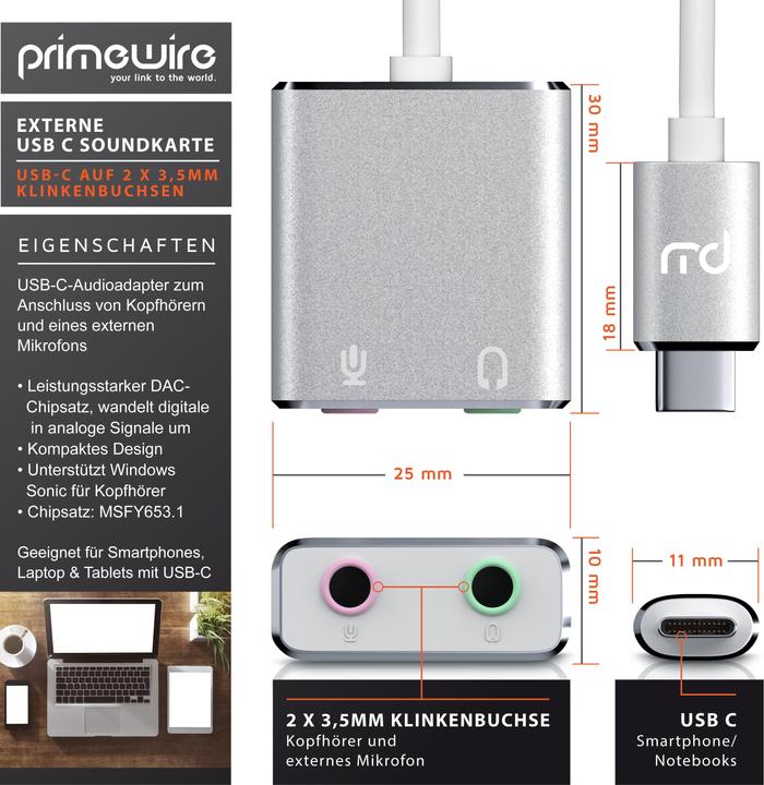 Immagine prodotto Primewire Scheda audio esterna USB C, Virtual 7.1 Surround, adattatore audio stereo / cuffie, convertitore (USB-C)