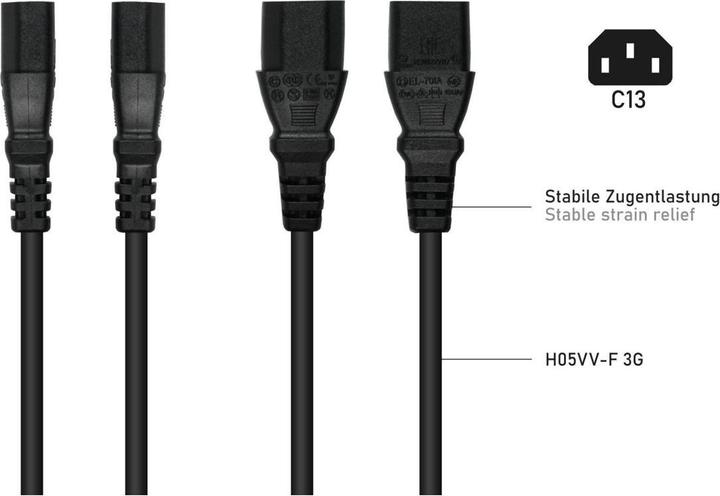 Actual product image Kabelmeister Y mains cable earthing contact plug type E+F (CEE 7/7, angled) to 2x socket C13, black (2 m)