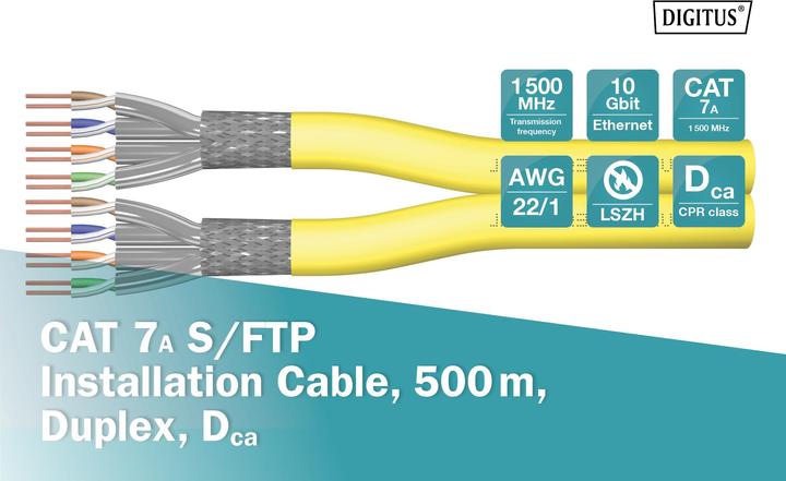 Immagine prodotto Digitus Cavo di installazione con doppino intrecciato CAT 7A, S/FTP, AWG 22/1, FRNC-C LSZH-3 (S/FTP, CAT7a, 500 m)