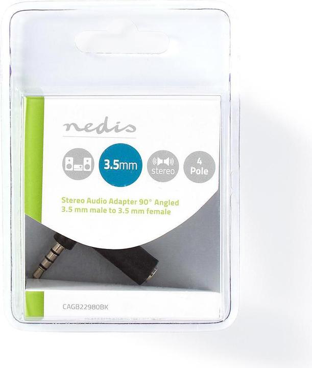 Produktbild Nedis AGB22980BK Stereo-Audio-Adapter mit 3,5-mm-Stecker, 3,5-mm-Stecker, 90-Grad-Winkel, 4-polig, S