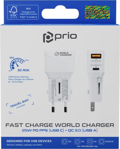 Actual product image prio Fast Charge World travel charger 25W PD PPS (USB C) + QC 3.0 (USB A) white (25 W)