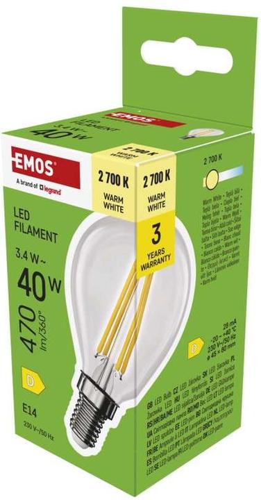 Immagine prodotto Emos Lampada LED Filament Mini Globe / E14 / 3,4 W (40 W) / 470 lm / Bianco caldo (E14, 3.40 W, 470 lm, 1 x, D)