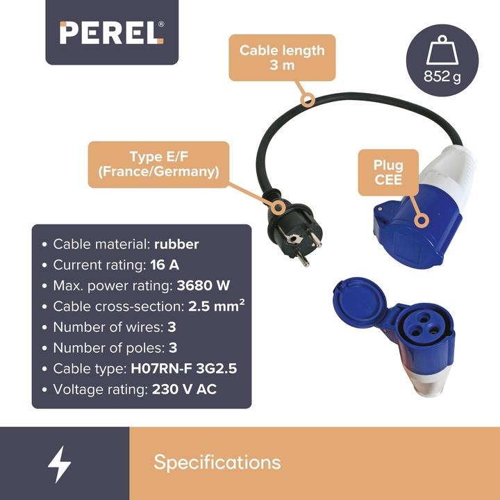 Image du produit Perel CABLE - SCHUKO-STECKER VERS CEE-KUPLUNG - 3 m (3 m)