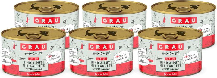 Produktbild Grau Nassfutter Kitten Rind & Pute mit Karotte, 6 x 200 g (Welpe + Kitten, 6 Stk., 1555 g)