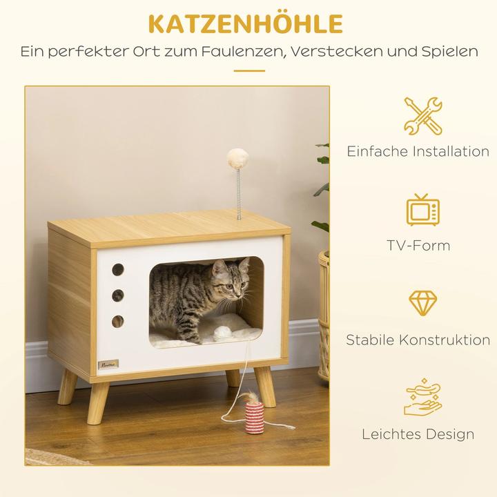 Produktbild PawHut Katzenhöhle im TV-Design inkl. Spielzeug und Kissen, Eiche, 50x28x43cm (Katze)