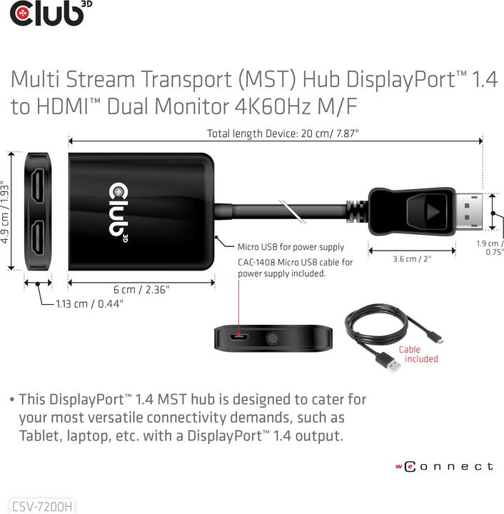 Actual product image Club 3D Club3D Multi Streaming Transport Hub 1xDP->2xHDMI (Micro USB, 20 cm)