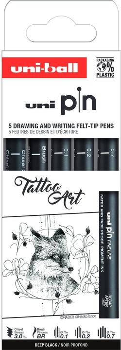 Actual product image Uni-ball Fineliner PIN ""Tatoo Art"" PF, set of 5 water-resistant, pigmented ink, metal edging (Black, 5 x)