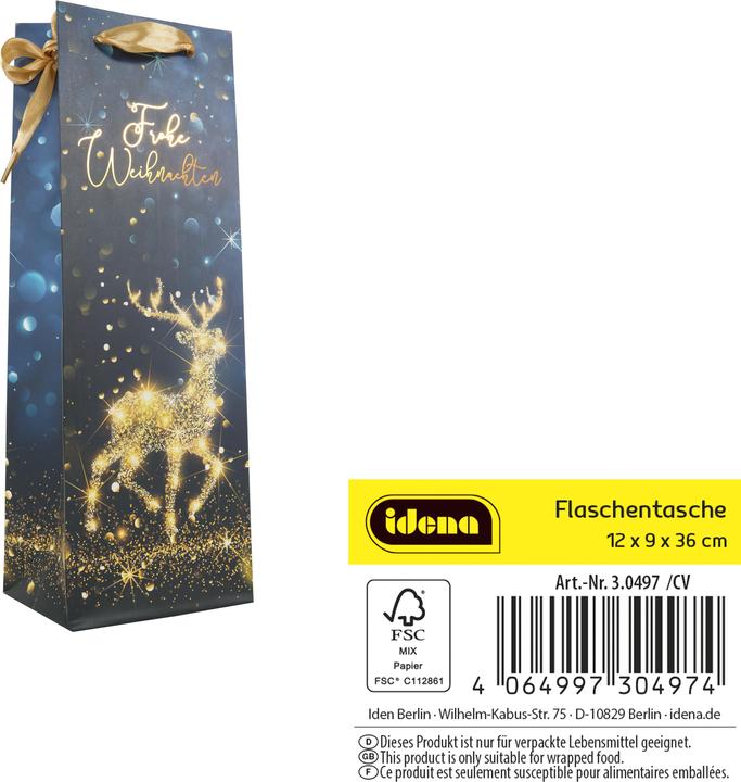 Produktbild Idena Flaschentasche Weihnachten schwarz/gold 12x9x36cm (Geschenktüte)