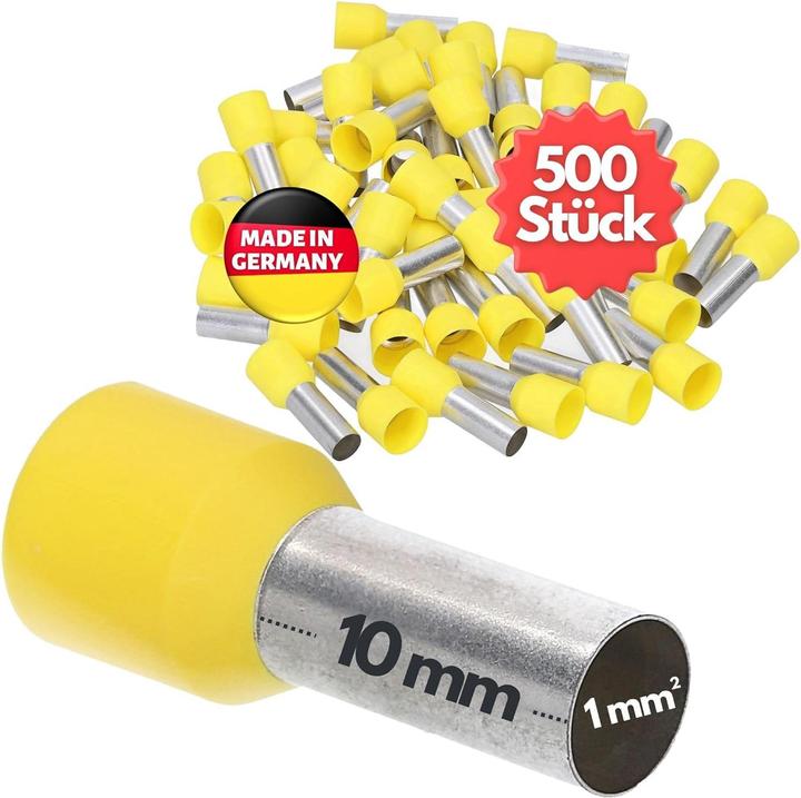 Kalitec 500 Stück AE110GE Aderendhülsen isoliert 1,0mm² 10mm lang gelb I Made in Germany I Industrie