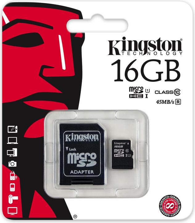 Produktbild Kingston microSDHC UHS-I mit Adapter (16 GB, microSDHC, U1, UHS-I)