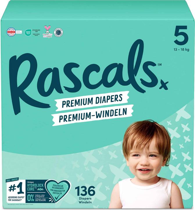 Rascals Premium (Taille 5, Pack mensuel, 136 pièce(s))