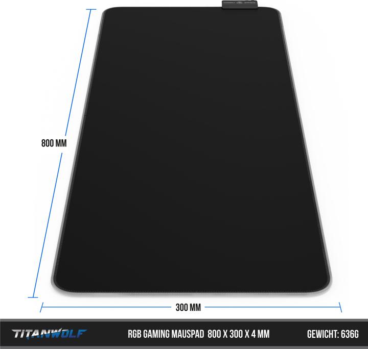 Produktbild Titanwolf RGB Gaming Mauspad, Mausmatte XL 800 x 300mm, verbessert Präzision & Geschwindigkeit, schwarz