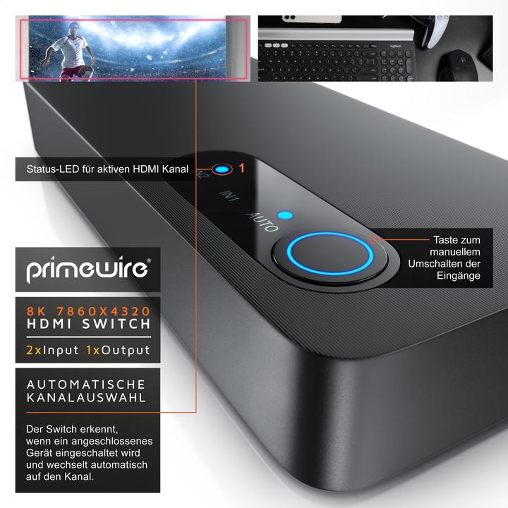 Immagine prodotto Primewire Splitter HDMI a 2 porte, switch HDMI in alluminio 8K 2 in 1 Out UHD, distributore, switcher, 4K 3D