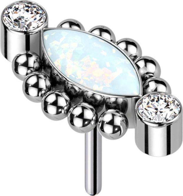 Star Piercing Threadless zwei Kristalle silber zehn Kugeln Ovaler Opal weiss (Titan G23, ohne Messing)