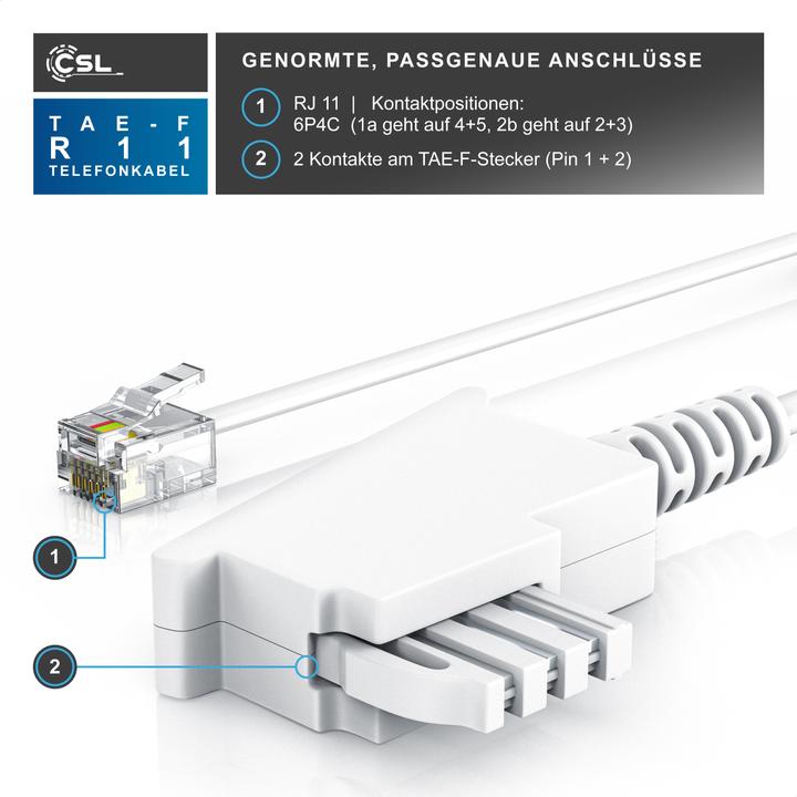 Image du produit CSL Câble téléphonique plat, TAE-F mâle vers RJ11, prise téléphonique vers téléphone, câble plat, fax