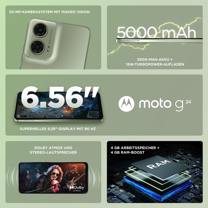 Produktbild Motorola moto g24 (128 GB, Ice Green, 6.56", Hybrid Dual SIM, 50 Mpx, 4G)