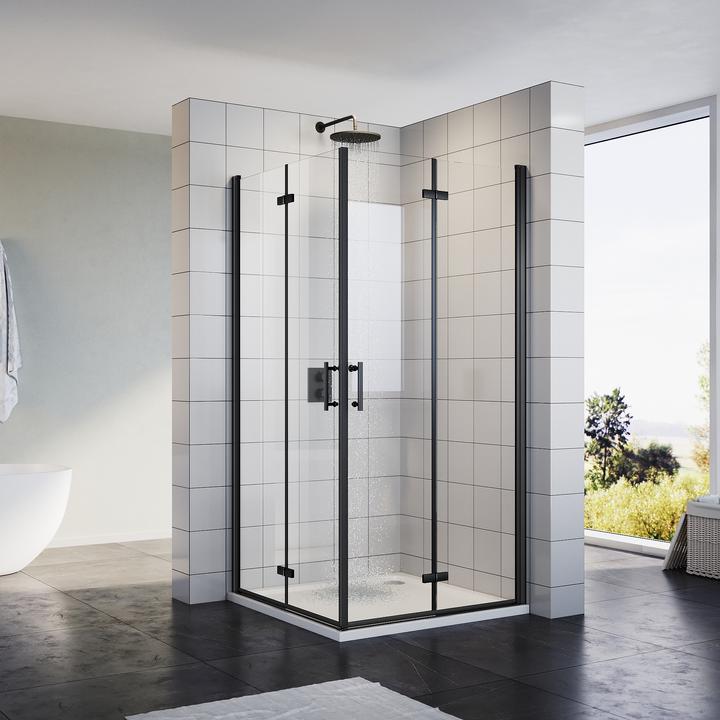 Produktbild SONNI Falttür, Duschabtrennung, Eckeinstieg, Duschkabine, 90 x 120 cm, schwarz, 6 mm, Glas, 180 Grad (120 cm, 90 cm, 195 cm)