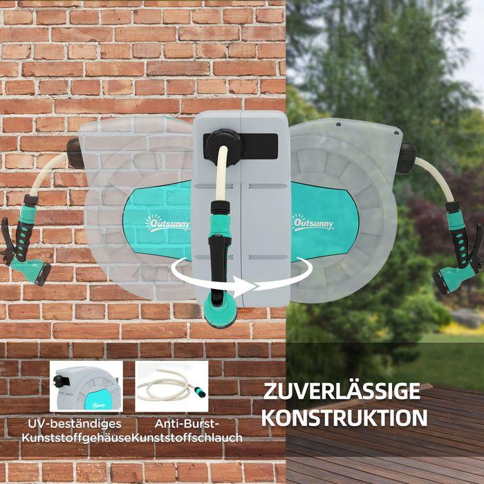 Immagine prodotto Swisshandel24 Schlauchtrommel mit Gartenschlauch 25m, Wandmontage, automatische Aufrollung, Handbrause, Grün+Grau (25 m)