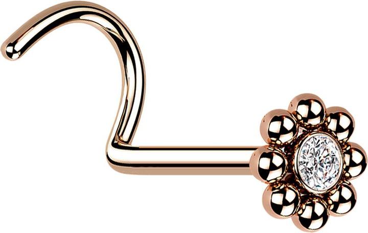 Image du produit Star Piercing Nasenstecker gebogen rosegold Blume mit Kugeln und Kristall (sans laiton, Acier chirurgical 316L)