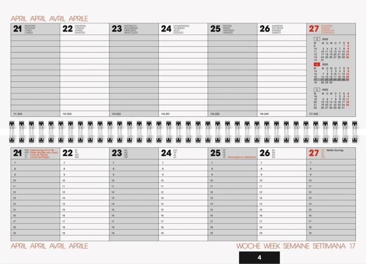 Voedingswaarden en ingrediënten Kalender 772 29,7x10,5cm 1 week/2 pagina's kartonnen omslag groen 2025 (297 x 105 mm, Duits, Italiaans, Frans, Engels)