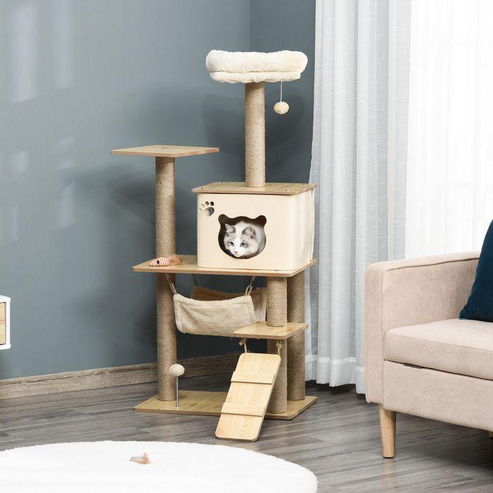 Image du produit Swisshandel24 Arbre à chat Arbre à chats Arbre à grimper en bois avec niche pour chats Tiges de jute Grande (130 cm, Jaune)