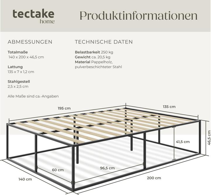 Image du produit tectake Cadre de lit en acier KYOTO avec sommier à lattes, 250 kg (200 x 140 cm)