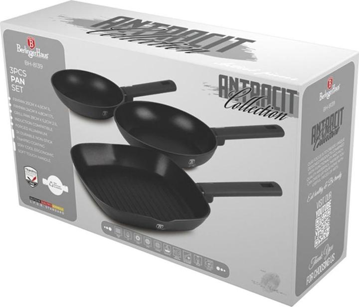 Produktbild BerlingerHaus Haus 3-teiliges Bratpfannen Set Ø 20/24cm + 28 cm Grillpfanne matt Anthracite Collection (28 cm, Grillpfanne, Bratpfanne, Aluminium)