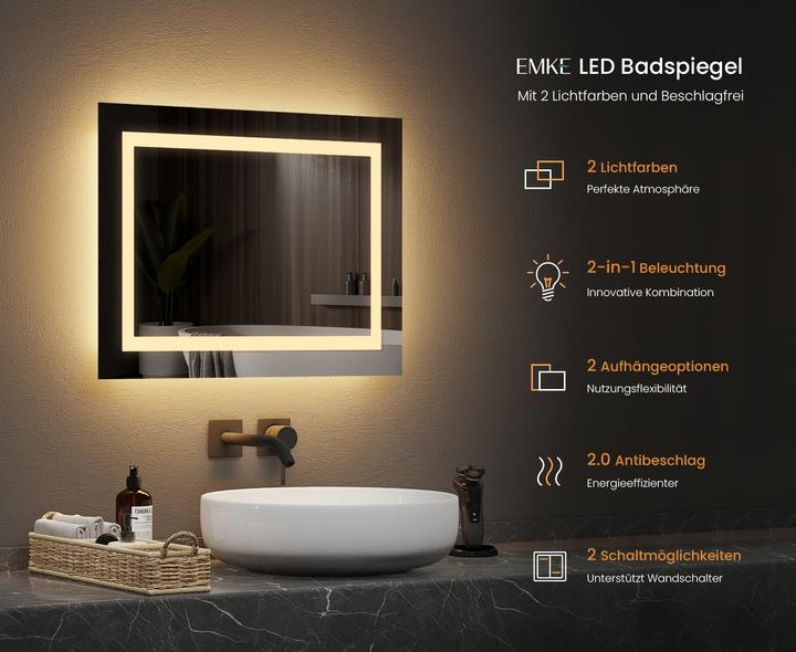 Produktbild Emke Badezimmerspiegel mit Beleuchtung 50*60cm,Beschlagfrei, 3000K/6500K,Tast Schalter
