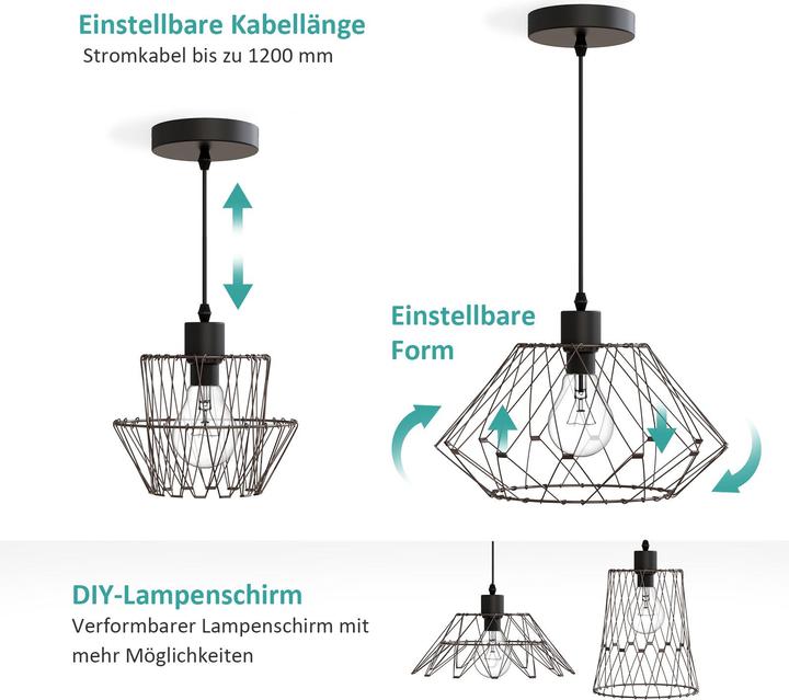 Actual product image Emke Lydia Pendant Light, E27 Retro Single Bulb Metallic Hanging Lamp, Black (E27)