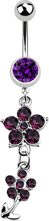 Star Piercing Banane silber mit Anhänger zwei Kristallblumen violett (Chirurgenstahl 316L)