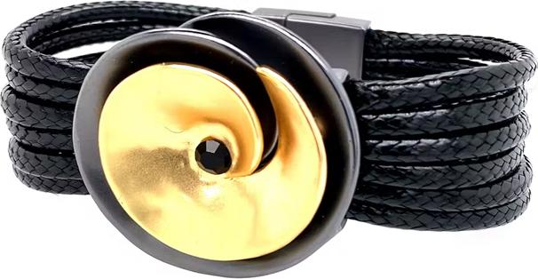Produktbild Signé Signè Armband Schwarz mit Magnetverschluss & vergoldete Blume No.4 (Metall, Messing, Leder, Bleifrei, Cadmiumfrei, Nickelfrei)