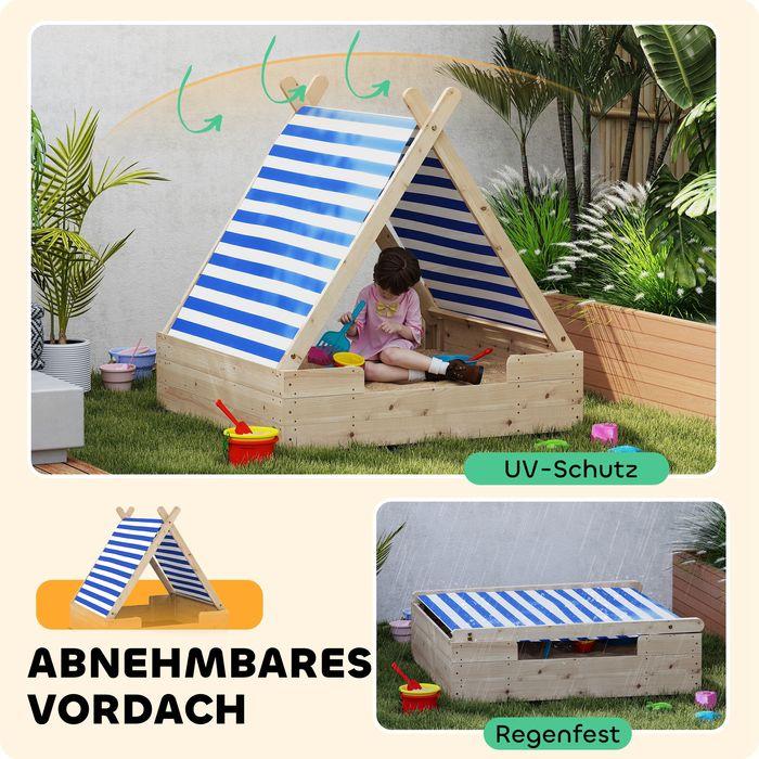 Immagine prodotto Swisshandel24 Sandkasten mit Zeltdach, 120 x 120 cm Sandkiste aus Holz mit Bodenplane Natur